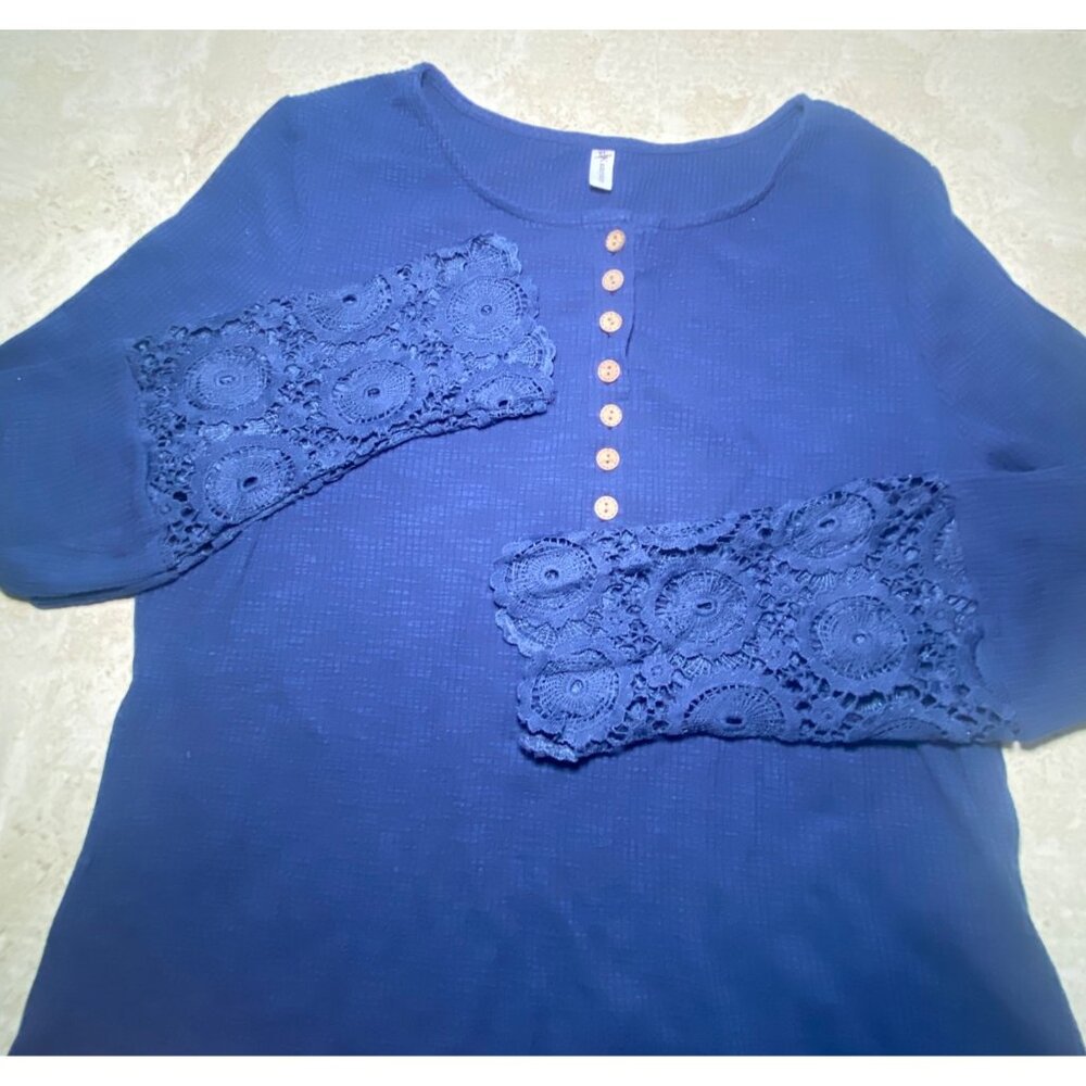 Kancystore Blue Long Sleeve Lace Cuff Top Waffle Knit‎ Button Henley Womens XL